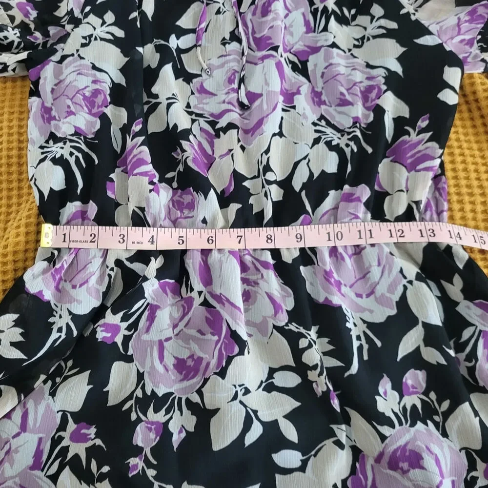 Ralph Lauren Floral Crinkle Georgette Tie Black Lavender Sparkle Dress EUC 8 - Picture 6 of 8